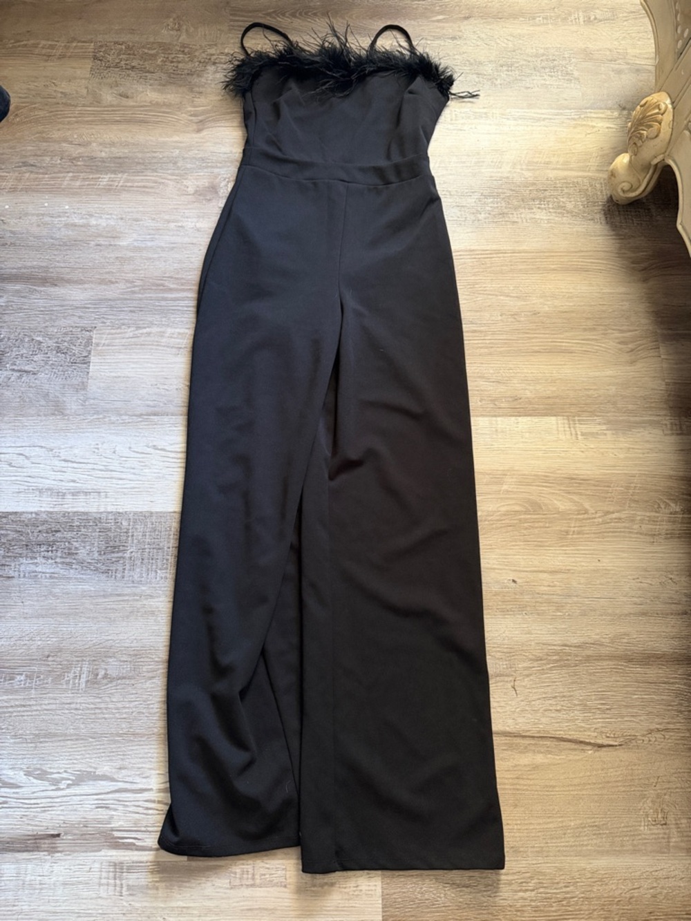 Charmed Hearts Marabou Black Feather-Trim Wide-Leg Jumpsuit